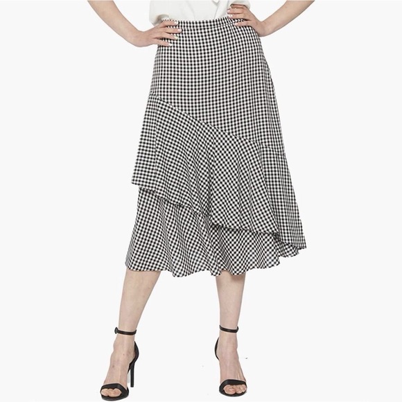Elle Gingham Ruffle Faux-Wrap Flowy Midi Skirt Size L Black White - Picture 1 of 9